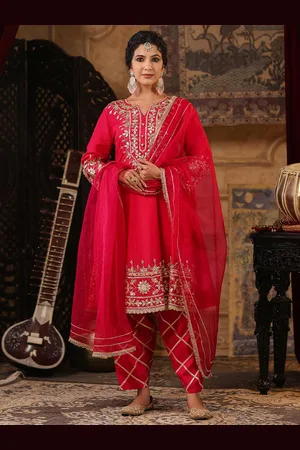 SCAKHI Floral Embroidered Gotta Patti Dupion Silk Anarkali Kurti with Salwar & Dupatta