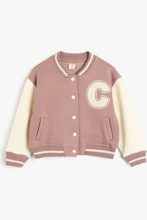 Koton Girls Stand Collar Typography Printed Cotton Casual Open Front Jacket