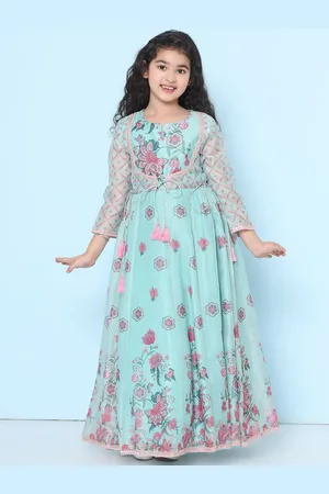 Bhama Girls Floral Printed Keyhole Neck Fit & Flare Maxi Dress