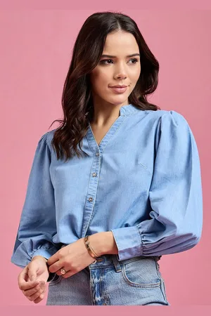 DressBerry Women Classic Mandarin Collar Solid Denim Casual Shirt