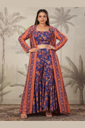 Janasya Women Plus Size Navy Blue Georgette Floral Printed Co-Ord Set