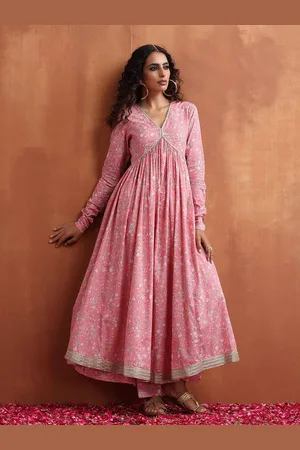 trueBrowns Floral Printed Empire Gotta Patti Pure Cotton Anarkali Kurta with Trouser