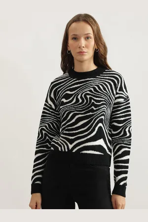 Elle Women Abstract Self Design Round Neck Pullover Sweater