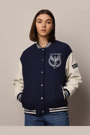 ONLY Women Stand Collar Colourblocked Casual Varsity Jacket