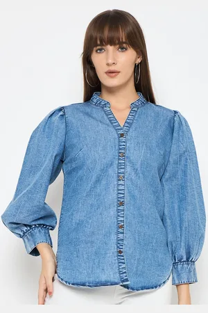 BAESD Women Classic Mandarin Collar Solid Denim Casual Shirt