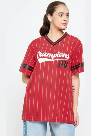 Skidlers Women Striped V-Neck Cotton Oversized T-shirt