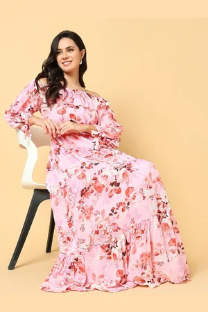 SHOWOFF Women Floral Print Off-Shoulder Puff Sleeve Georgette Fit & Flare Maxi Dress