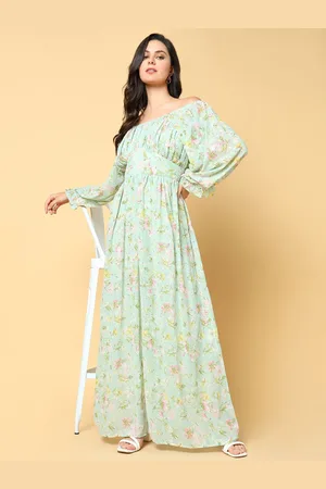 SHOWOFF Women Floral Print Off-Shoulder Puff Sleeve Georgette Fit & Flare Maxi Dress