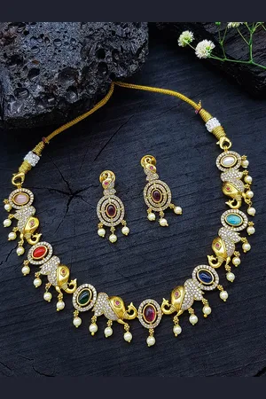 GRIIHAM Gold-Plated CZ Stones-Studded & Beaded Necklace & Earrings