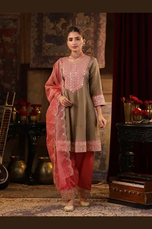 SCAKHI Floral Embroidered Sequinned Anarkali Kurta with Salwar & Dupatta