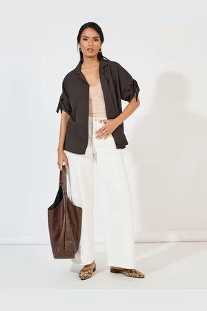 Styli Women Lapel Collar And Tie Up Detailed Sleeves Oversized Shirt