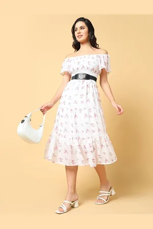 SHOWOFF Women Floral Print Off-Shoulder Flared Sleeve Georgette Fit & Flare Midi Dress
