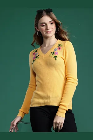 DressBerry Women Ribbed Longline Pullover with Embroidered Detail