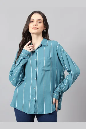 KOTTY Women Comfort Spread Collar Vertical Striped Cotton Oversized Casual Shirt