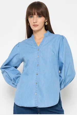 BAESD Women Classic Mandarin Collar Solid Denim Casual Shirt