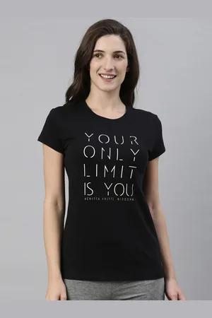 ENAMORA Women Black Typography Printed Slim Fit Cotton T-shirt