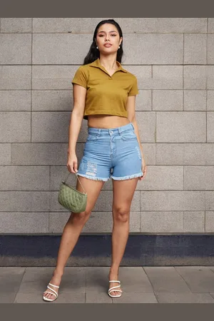 Miss Chase Women Relaxed Fit Mid Rise Highly Distressed Regular Length Denim Shorts