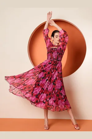 Antheaa Women Floral Printed pleated Fit & Flare Midi Dress