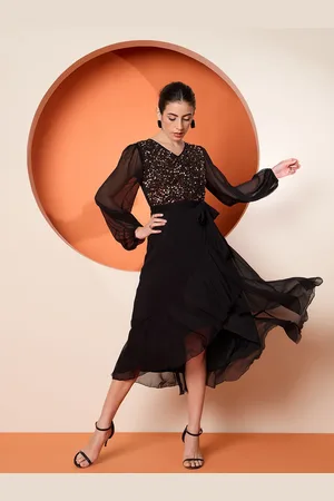 Antheaa Women Embellished Puff Sleeves Midi Fit & Flare Dress