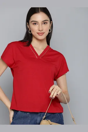 Chemistry Women Red Solid V-Neck Casual T-shirt