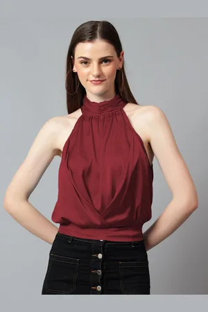 KOTTY Women Solid Halter Neck Satin Top