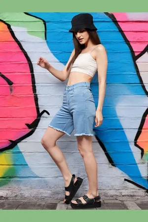 Miss Chase Women Regular High Rise Above Knee Stretchable Denim Shorts