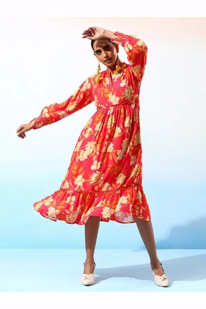 Bani Women Floral Printed Cuffed Sleeves A-Line Midi Dress
