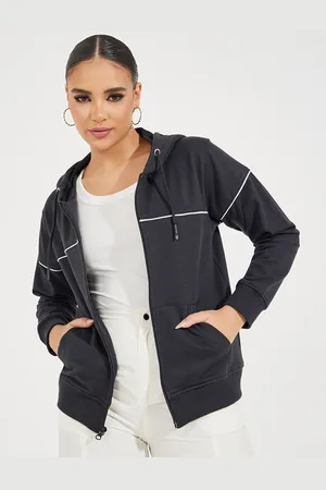 Styli Women Solid Hooded Sweatshirt With Piping