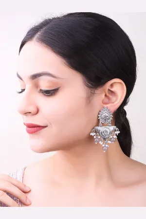 GRIIHAM Silver Plated Oxidised Zircon Studded & Beaded Drop Earrings