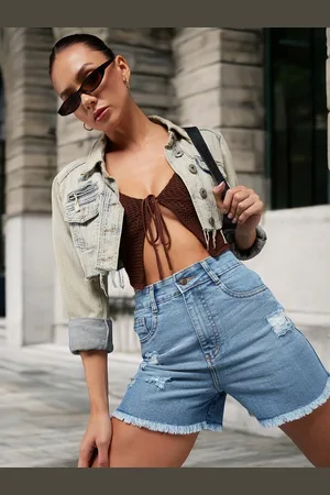 Miss Chase Women Relaxed Fit Mid Rise Highly Distressed Regular Denim Shorts