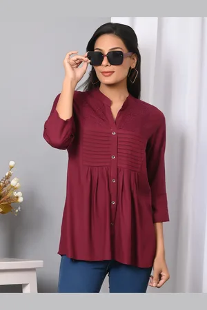 IQRAAR Women Solid Mandarin Collar Pure Cotton Top