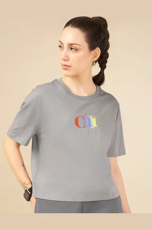 Cult Women Solid Drop-Shoulder Sleeves Bio Finish Cotton Boxy Crop T-shirt
