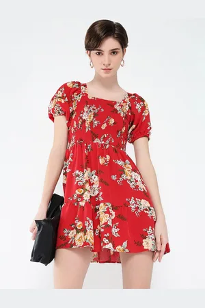 SHOWOFF Women Floral Print Puff Sleeve Crepe Fit & Flare Mini Dress