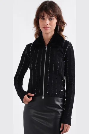 Elle Women Striped Mock Collar Cardigan Sweater