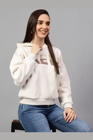 CANTABIL Women Typography Printed Hood Fleece Pullover Ribbed Sweatshirt