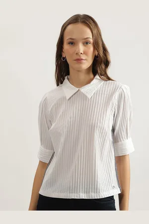 ICONIC Women Vertical Striped Shirt Collar Cotton Top