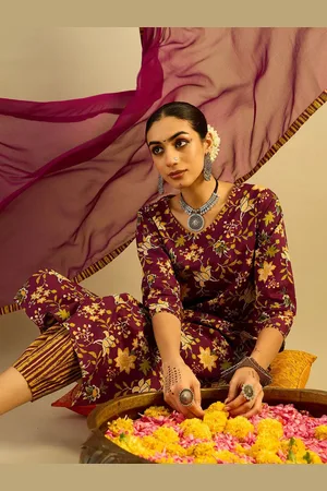 Indo Era Floral Printed V-Neck Pure Cotton Straight Kurta With Trousers & Dupatta