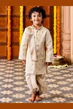 Vastramay Boys Ethnic Motifs Woven Design Sequinned Kurta With Dhoti Pants & Dupatta
