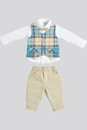 Ed-a-Mamma Boys Checked Shirt Collar Pure Cotton Shirt With Trouser & Waistcoat & Bow