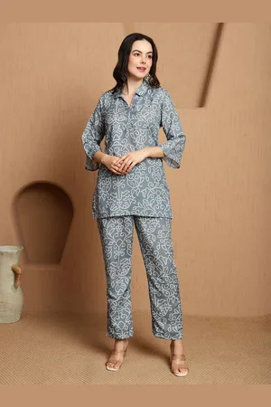 Sangria Floral Printed Shirt Collar Tunic with Trouser
