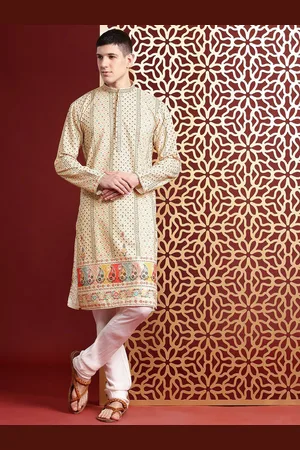 MANQ Geometric Printed Mandarin Collar Thread Work Straight Kurta