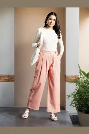 Mast & Harbour Women Flared Fit Pleated Pure Cotton Trousers
