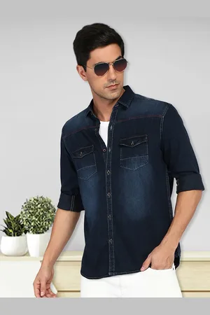 Kuons Avenue Smart Slim Fit Faded Spread Collar Pocket Denim Casual Shirt