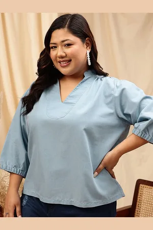CURVY STREET Women Solid Mandarin Collar Cotton Plus Size Top