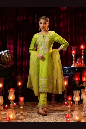 SCAKHI Floral Embroidered Notch Neck Sequinned Straight Kurta With Trousers & Dupatta