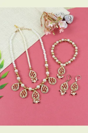 asthetika Girls Kundan Stone Studded & Beaded Necklace & Earrings Maang Tika Bracelet