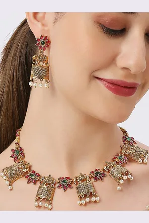 OOMPH Stone Studded & Beaded Elephant Design Temple Jewellery Set