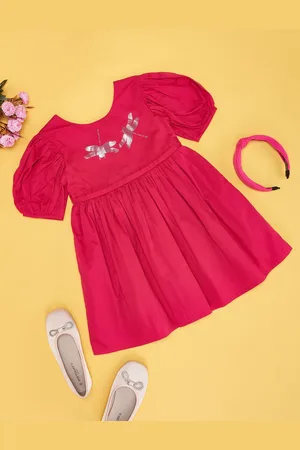 Pantaloons Girl Solid Puff Sleeve Fit & Flare Dress