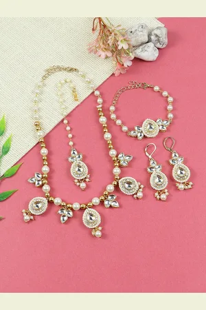 asthetika Girls Kundan Stone Studded & Beaded Necklace & Earrings Maang Tika Bracelet