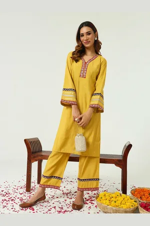 FIORRA Floral Embroidered Sequinned V-Neck Chanderi Cotton Straight Kurta With Palazzo